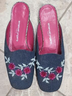 Emanuel Ungaro Denim Slide Mules with Pink Floral Embroidery